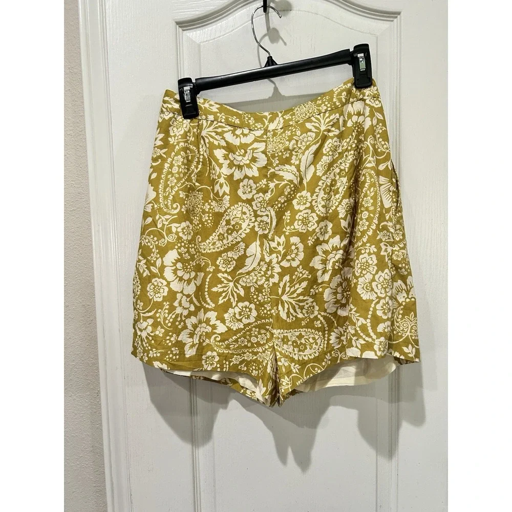 Anthropologie Maeve Pleated Poplin Floral Shorts in Chartreuse Mustard Yellow - Picture 8 of 9